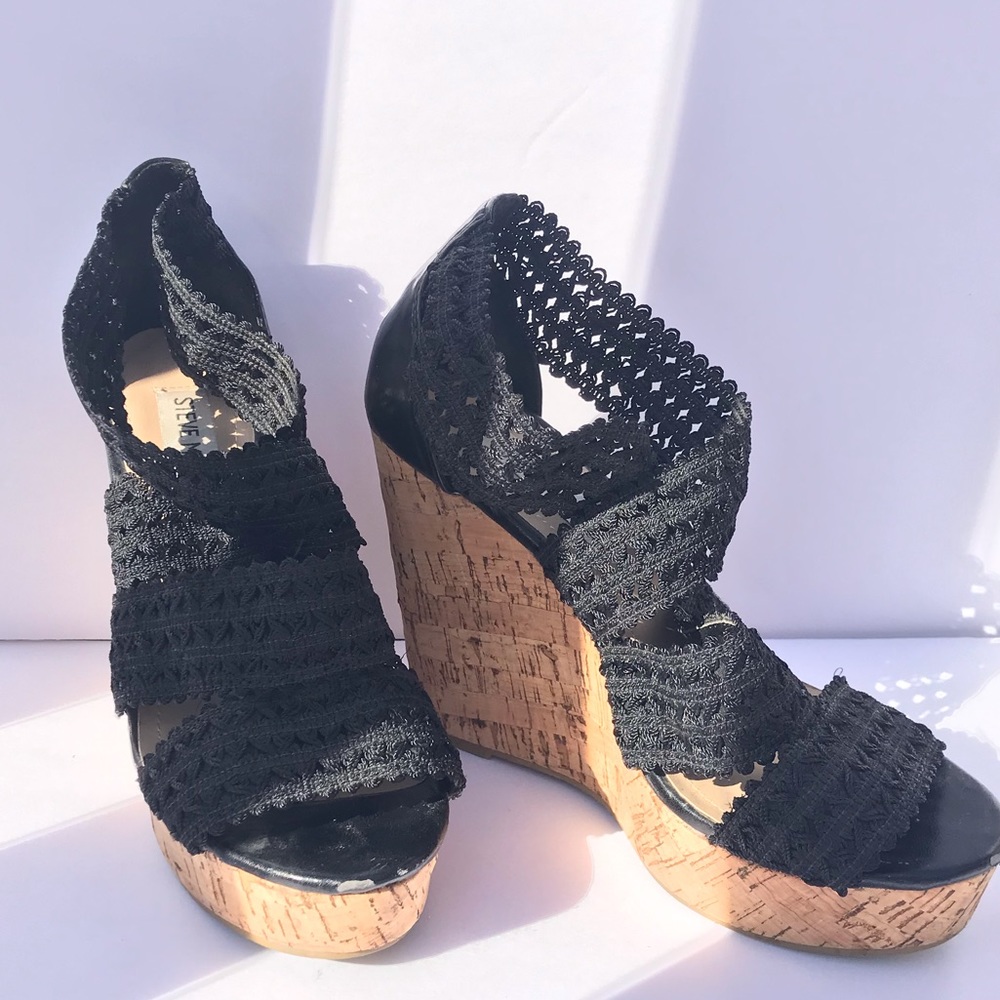 Vintage Steve Madden Black Lace Cork Platforms Boho Beach Size 6